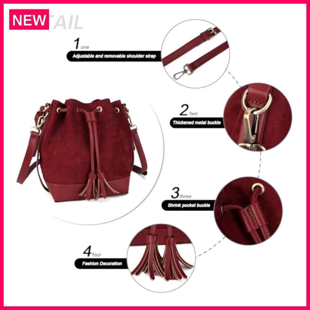 Faux Suede Bucket Bag Crossbody Hobo Purse with Drawstring and 2 Straps - Picture 7 of 8